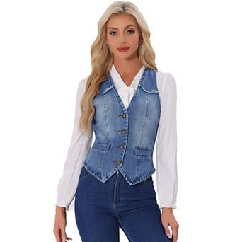 Women's Denim Vest Sleeveless Washed Distressed Jean Jacket