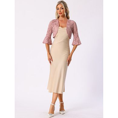 Floral Lace Cardigan For Women's Bell Sleeves Open Front Elegant Cropped Shrug Tops