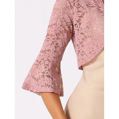 Floral Lace Cardigan For Women's Bell Sleeves Open Front Elegant Cropped Shrug Tops