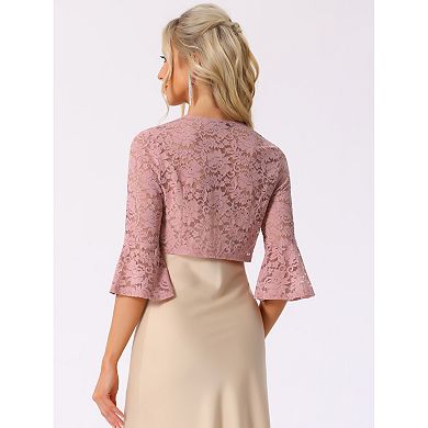 Floral Lace Cardigan For Women's Bell Sleeves Open Front Elegant Cropped Shrug Tops