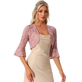 Floral Lace Cardigan For Women's Bell Sleeves Open Front Elegant Cropped Shrug Tops