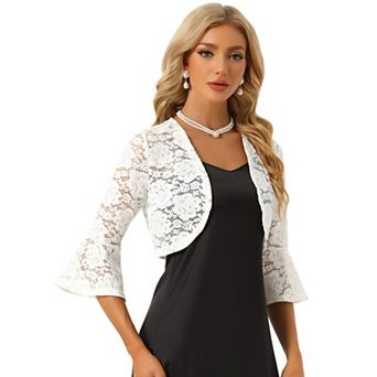 Floral Lace Cardigan For Women's Bell Sleeves Open Front Elegant Cropped Shrug Tops