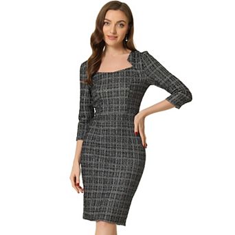 Elegant Work Dress for Women 3/4 Sleeve Plaid Tweed Bodycon Dress