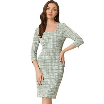 Elegant Work Dress for Women 3/4 Sleeve Plaid Tweed Bodycon Dress