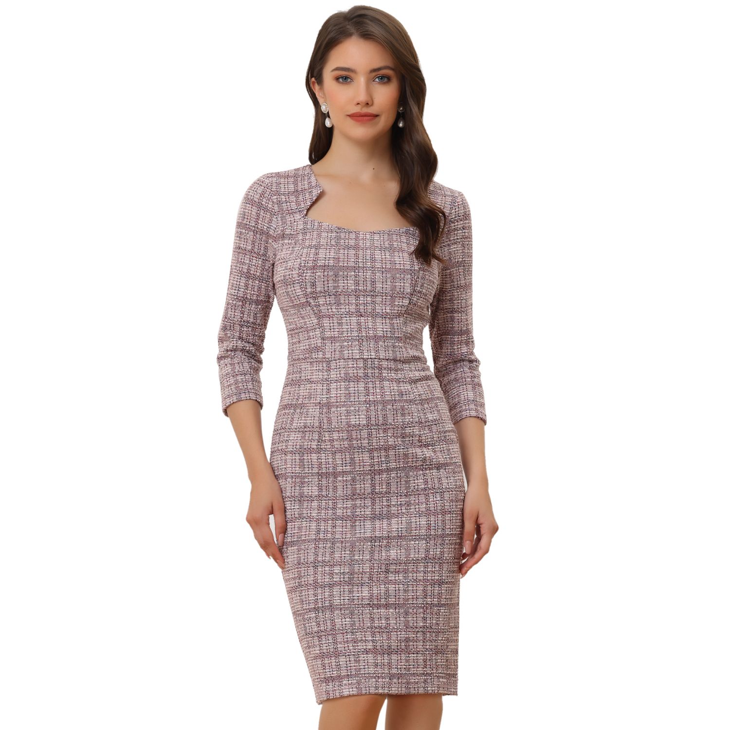 Elegant Square Neck 3/4 Sleeve Plaid Tweed Sheath Dress Elegant Work Dress for Women 3/4 Sleeve Plaid Tweed Bodycon Dress