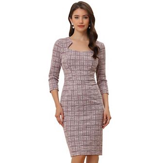 Elegant Work Dress for Women 3/4 Sleeve Plaid Tweed Bodycon Dress