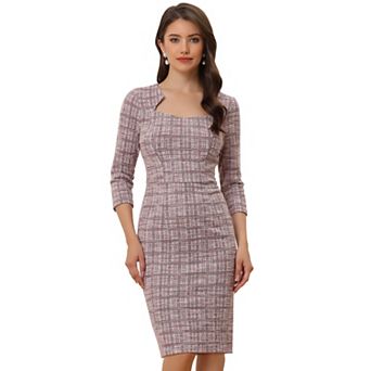 Elegant Work Dress for Women 3/4 Sleeve Plaid Tweed Bodycon Dress