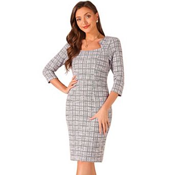 Elegant Work Dress for Women 3/4 Sleeve Plaid Tweed Bodycon Dress