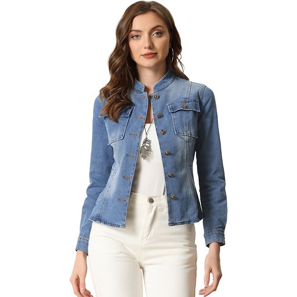 Casual Denim Jacket for Women's Classic Stand Collar Long Sleeve Jean