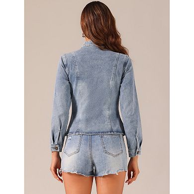 Casual Denim Jacket For Women's Classic Stand Collar Long Sleeve Jean Jackets