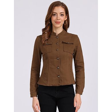 Casual Denim Jacket for Women's Classic Stand Collar Long Sleeve Jean Jackets