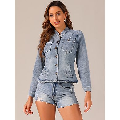 Casual Denim Jacket For Women's Classic Stand Collar Long Sleeve Jean Jackets