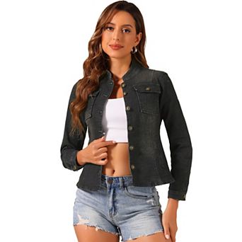 Casual Denim Jacket For Women's Classic Stand Collar Long Sleeve Jean Jackets