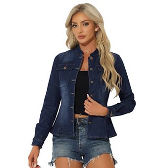 Casual Denim Jacket For Women's Classic Stand Collar Long Sleeve Jean Jackets