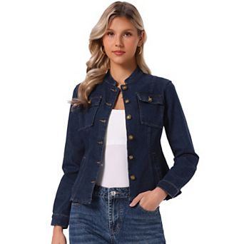 Casual Denim Jacket for Women's Classic Stand Collar Long Sleeve Jean Jackets