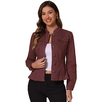 Casual Denim Jacket for Women's Classic Stand Collar Long Sleeve Jean Jackets
