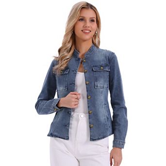 Casual Denim Jacket for Women's Classic Stand Collar Long Sleeve Jean Jackets