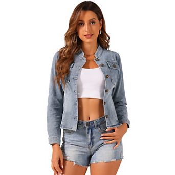 Casual Denim Jacket for Women's Classic Stand Collar Long Sleeve Jean Jackets