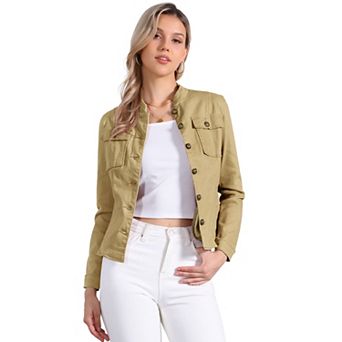 Casual Denim Jacket for Women's Classic Stand Collar Long Sleeve Jean Jackets