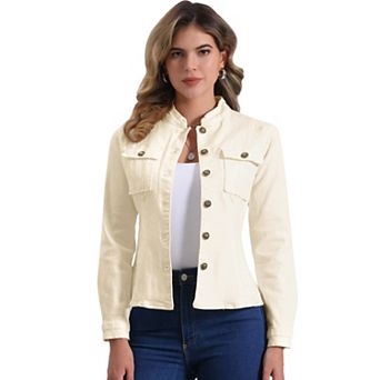 Casual Denim Jacket for Women's Classic Stand Collar Long Sleeve Jean Jackets
