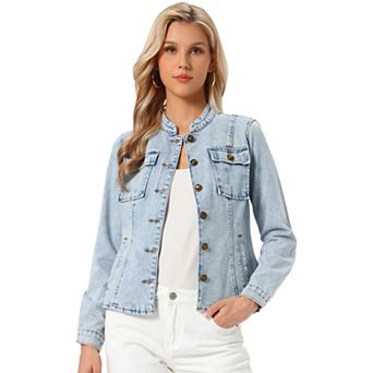 Casual Denim Jacket for Women's Classic Stand Collar Long Sleeve Jean Jackets