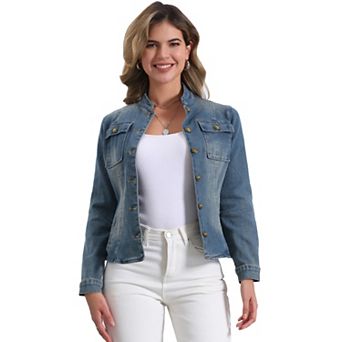 Casual Denim Jacket For Women's Classic Stand Collar Long Sleeve Jean Jackets