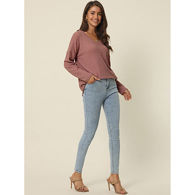 Women's Waffle Knit Tops V Neck Long Sleeve Shirts Casual Loose Blouse Lightweight Pullover