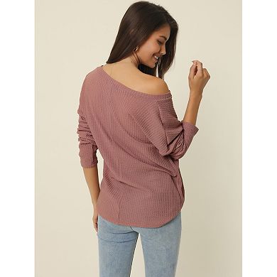 Women's V Neck Waffle Knit Long Sleeve Slim Fit Casual Tops