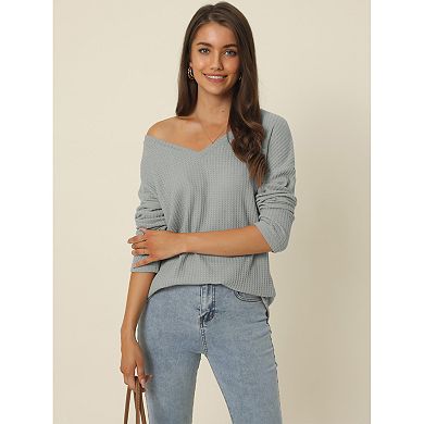 Women's V Neck Waffle Knit Long Sleeve Slim Fit Casual Tops