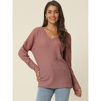 Women's Waffle Knit Tops V Neck Long Sleeve Shirts Casual Loose Blouse Lightweight Pullover