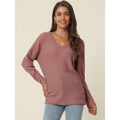 Women's V Neck Waffle Knit Long Sleeve Slim Fit Casual Tops