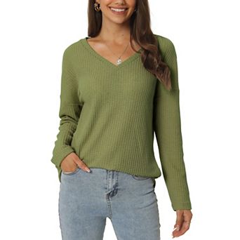 Women's Waffle Knit Tops V Neck Long Sleeve Shirts Casual Loose Blouse Lightweight Pullover
