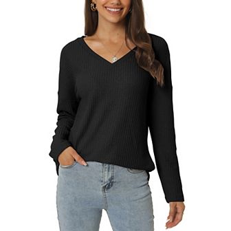 Women's Waffle Knit Tops V Neck Long Sleeve Shirts Casual Loose Blouse Lightweight Pullover