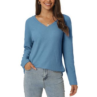 Women's Waffle Knit Tops V Neck Long Sleeve Shirts Casual Loose Blouse Lightweight Pullover