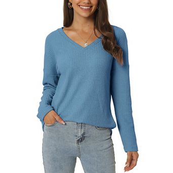 Women's Waffle Knit Tops V Neck Long Sleeve Shirts Casual Loose Blouse Lightweight Pullover