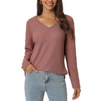 Women's Waffle Knit Tops V Neck Long Sleeve Shirts Casual Loose Blouse Lightweight Pullover