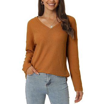 Women's Waffle Knit Tops V Neck Long Sleeve Shirts Casual Loose Blouse Lightweight Pullover