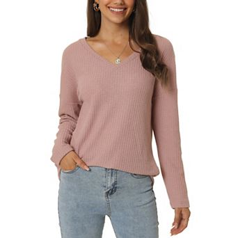 Women's Waffle Knit Tops V Neck Long Sleeve Shirts Casual Loose Blouse Lightweight Pullover