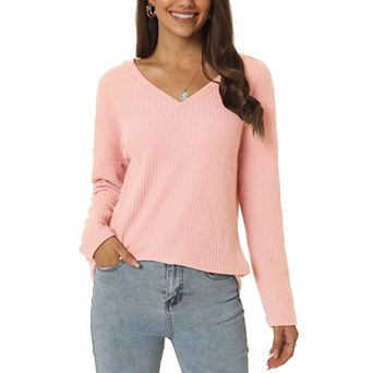 Women's Waffle Knit Tops V Neck Long Sleeve Shirts Casual Loose Blouse Lightweight Pullover
