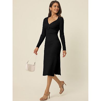 Asymmetrical Shoulder Long Sleeve Slit Cuff Sweater Midi Dress