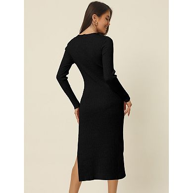 Women's Long Sleeve Sweetheart Neck Slim Fit Knit Side Slit Twist Front Midi Sweater Dress