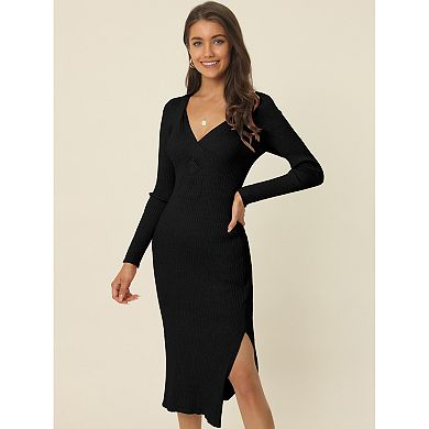 Women's Long Sleeve Sweetheart Neck Slim Fit Knit Side Slit Twist Front Midi Sweater Dress