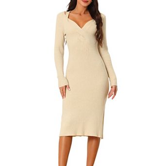 Women's Long Sleeve Sweetheart Neck Slim Fit Knit Side Slit Twist Front Midi Sweater Dress