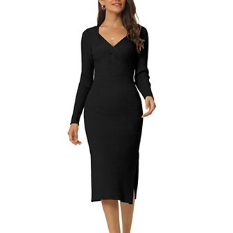 Women's Long Sleeve Sweetheart Neck Slim Fit Knit Side Slit Twist Front Midi Sweater Dress