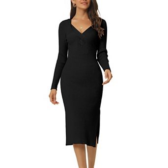 Women's Long Sleeve Sweetheart Neck Slim Fit Knit Side Slit Twist Front Midi Sweater Dress