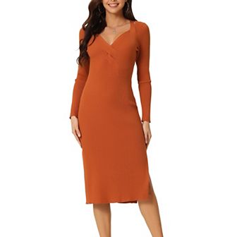 Women's Long Sleeve Sweetheart Neck Slim Fit Knit Side Slit Twist Front Midi Sweater Dress