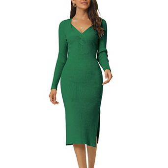 Women's Long Sleeve Sweetheart Neck Slim Fit Knit Side Slit Twist Front Midi Sweater Dress