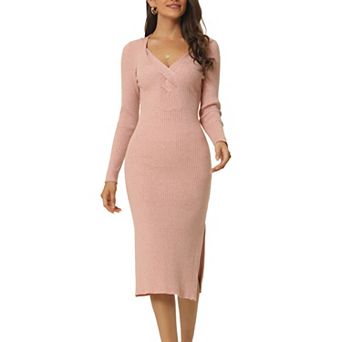 Women's Long Sleeve Sweetheart Neck Slim Fit Knit Side Slit Twist Front Midi Sweater Dress