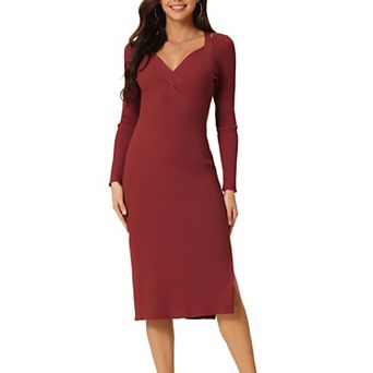Women's Long Sleeve Sweetheart Neck Slim Fit Knit Side Slit Twist Front Midi Sweater Dress