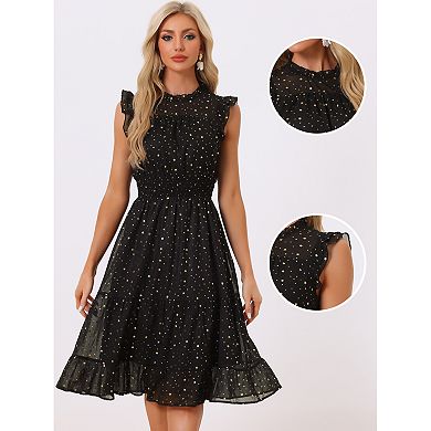 Casual Chiffon Dress for Women's Sleeveless Smocked Waist Gilding Metallic Stars Party Dress
